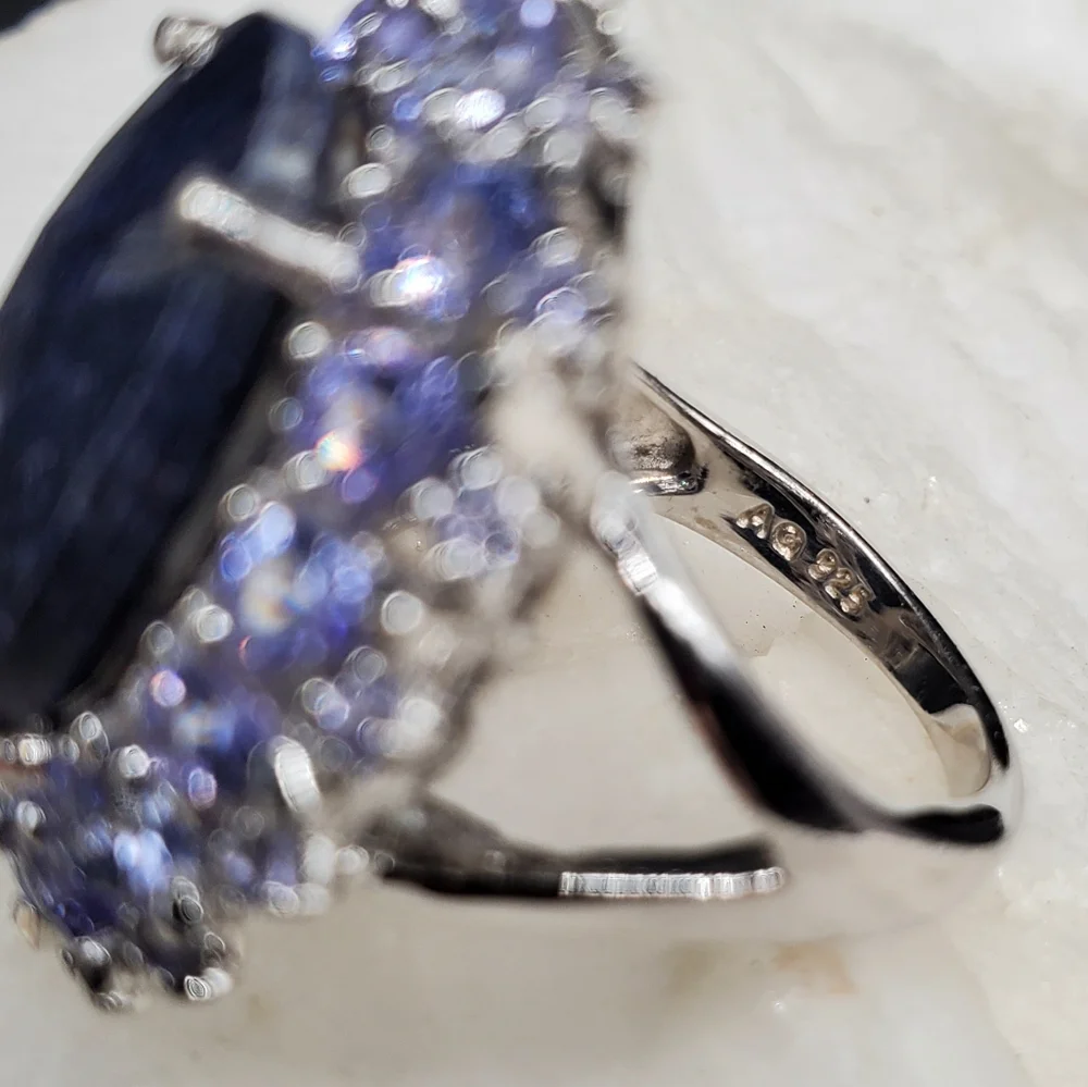 Sterling Silver 925 Designe Ring Raw Blue Sapphire Natural Tanzanite Gemstone